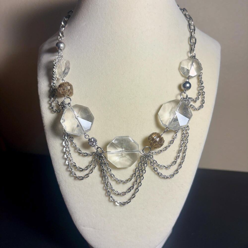 Chunky Clear Lucite Statement Necklace, Silver Tone Draped Chain Bib, Y2K Era